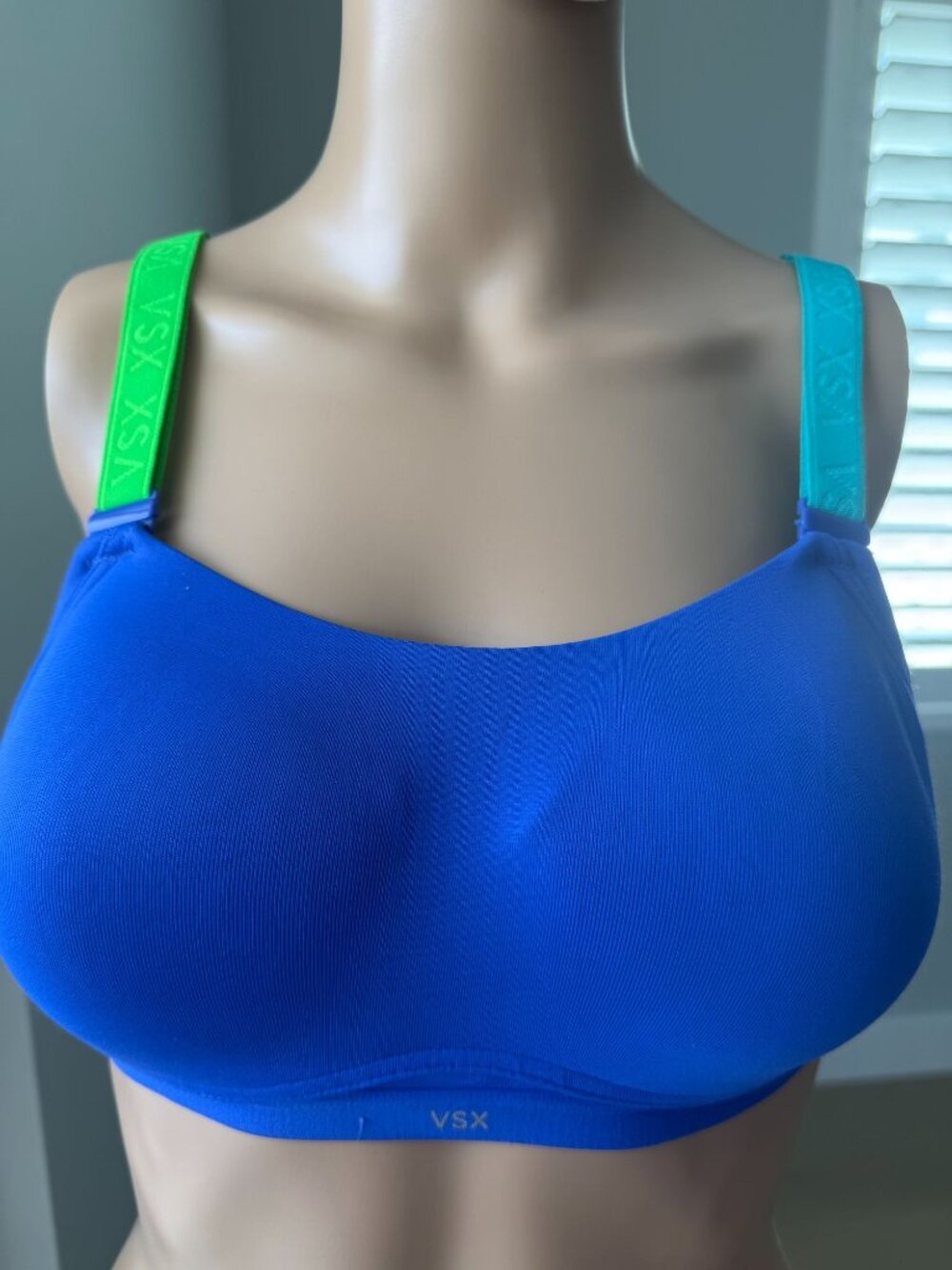 Victoria's Secret VSX Sport Bra 34B Royal Blue Green Straps Padded Hook Eye